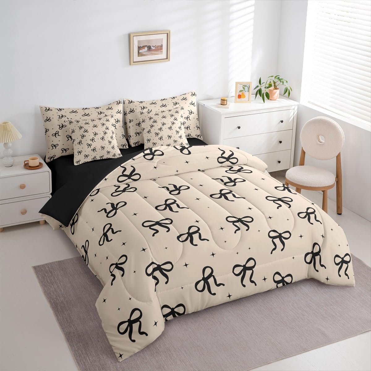 Erosebridal Black and Beige Bow Bedding Set 7-Piece for Girls Women Coquette Modern Fashion Twin Size Comforter Set with Sheets Preppy Aesthetic Girly Bow Bed in A Bag for Kids Teens Adults