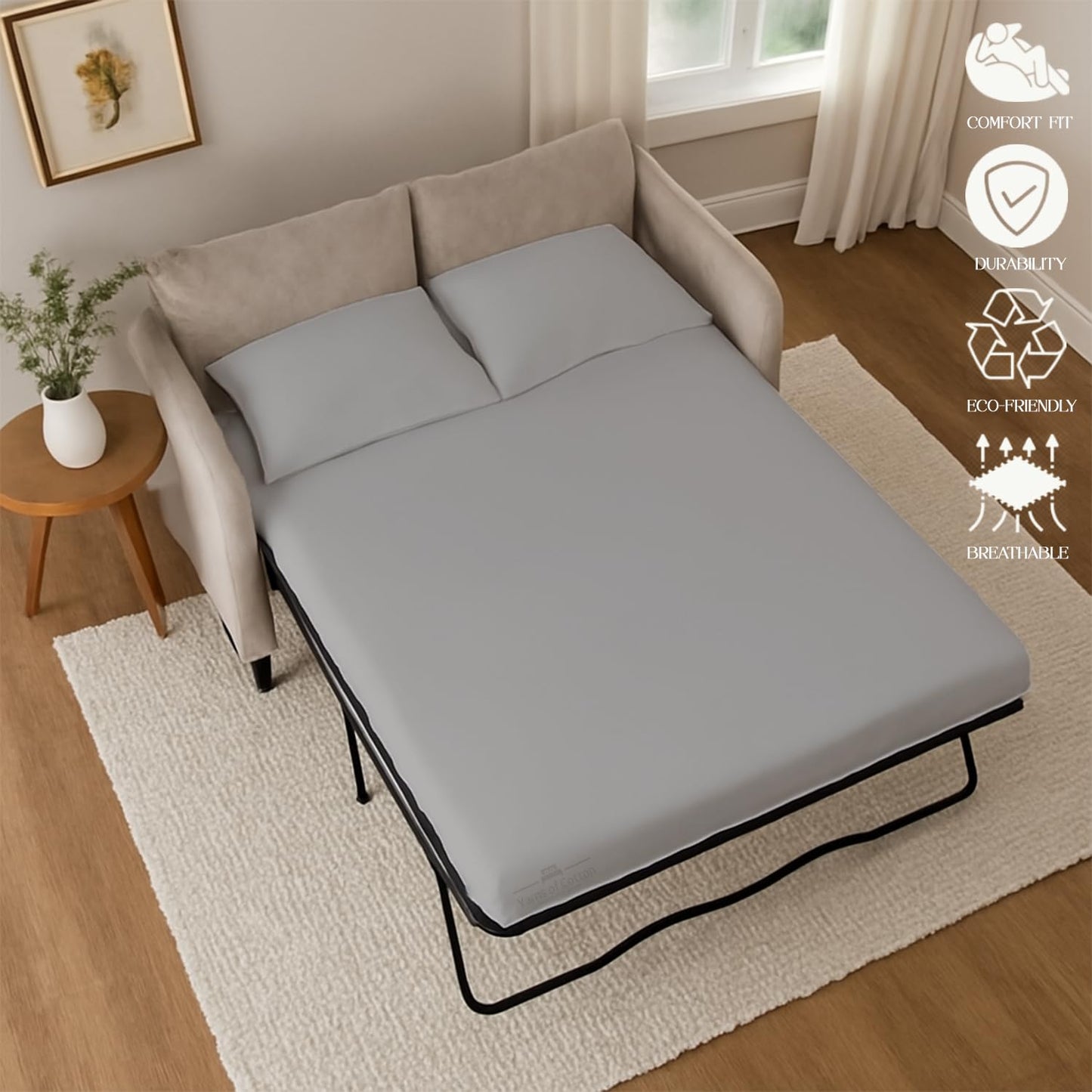 Sleeper Sofa Bed Sheet, 100% Cotton 400 Thread Count, 4 Piece Set, Deep Pocket Fitted Sheet, Soft Wrinkle Free & Breathable, Luxury Hotel Quality, Fits Up to 6 Inch Mattress (Full, Light Grey)