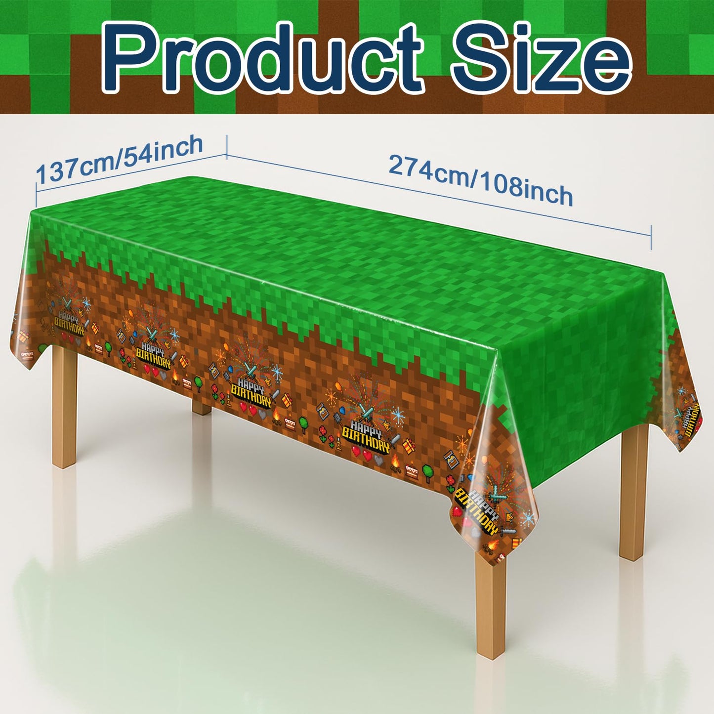 iCrius Pixel Design Party Tablecloths - 6 Piece Set - 54"x108" Oversized - Ideal for Craft Mining Theme Parties & Gamer Decor