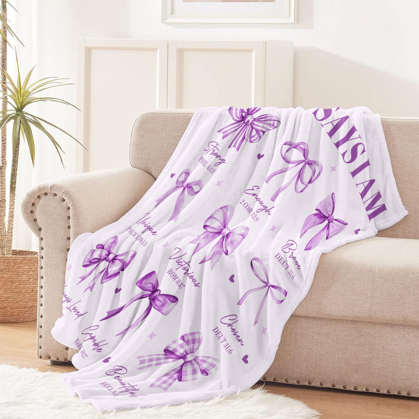 CIUGOIG Christian Gifts for Women - God Says I Am Blanket 50"X60" - Inspirational Religious Birthday Catholic Spiritual Gifts & Baptism Comformation Gifts for Girl Purple Bow Bible Verse Blanket