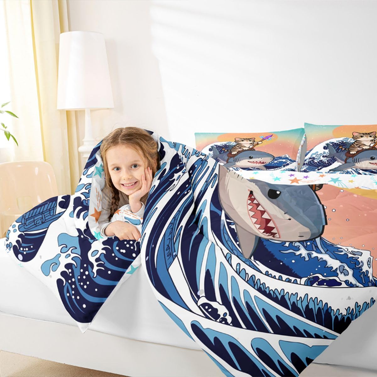 Erosebridal Kawaii Cute Cat Comforter Set Under Sea Shark Japanese Girl Toddler Bedding Set for Kids Teens Child Blue Ocean Waves Ukiyoe Comforter Gradient Sunset Sky Quilt