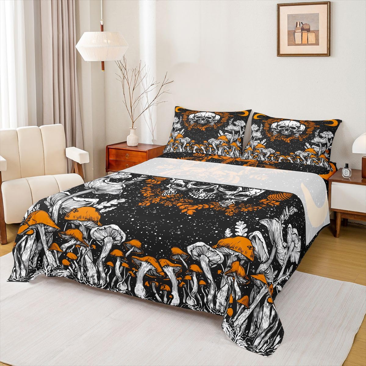 Erosebridal Gothic Skull Sheet & Pillowcase Sets Halloween Bed Sheets Aesthetic Mushroom Sheet Set Queen Hippie Moon Phase Sheets Cosmos Celestial Bed Sets for Kids Teens Room Decor