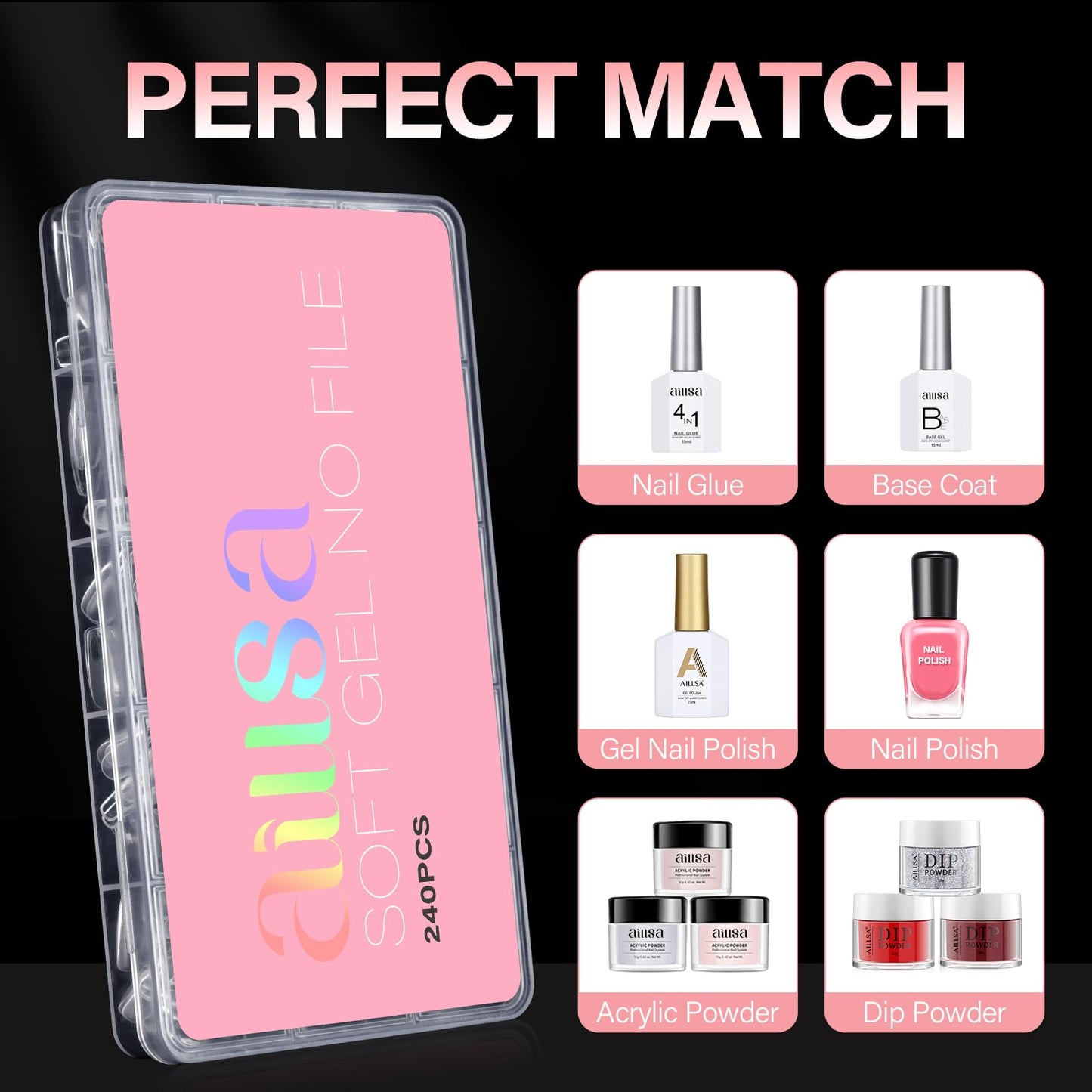 AILLSA Long Coffin Nail Tips - 240pcs Thickened Pre-shaped False Nail Tips Half Matte Nails Tips, Acrylic Fake Nails Extension for Home Salon DIY