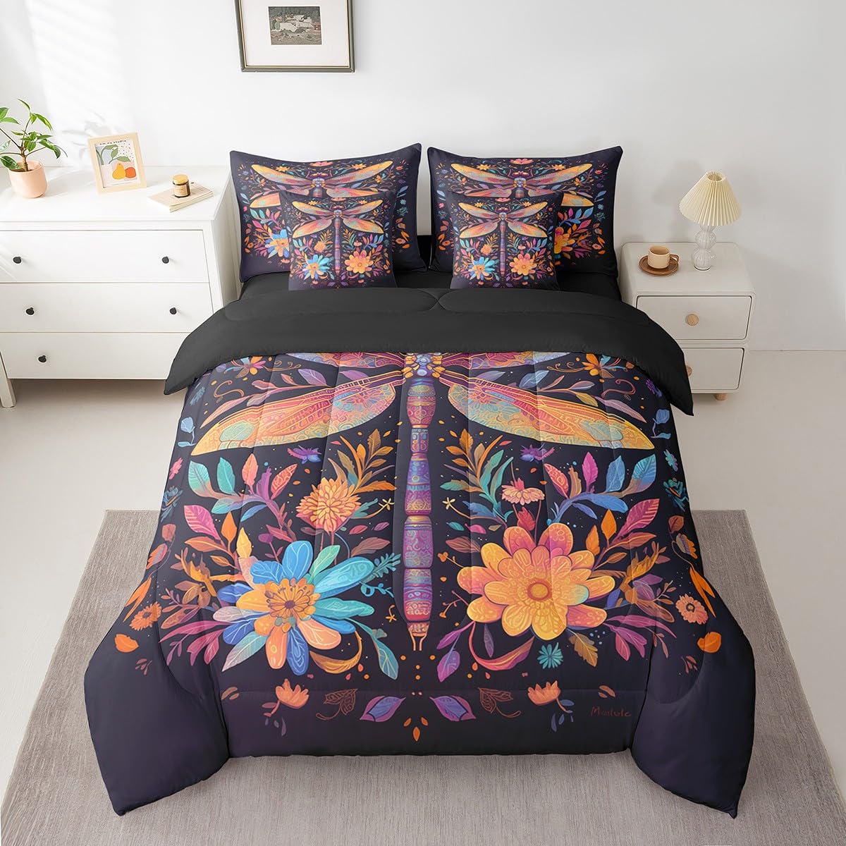 Erosebridal Boho Dragonfly Comforter Set Queen,Rainbow Lotus Flower Floral Bed in a Bag for Kids Teens Adults,Bohemian Woodland Leaves Bedding Set 7Pcs,Bohemian Wild Animal Quilt