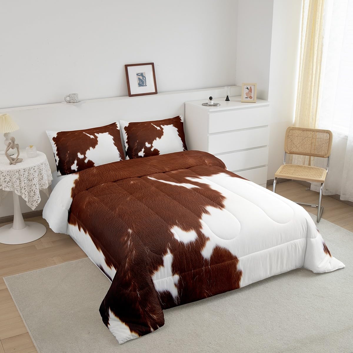 Cow Print Comforter Set Queen Size,Cowhide Print Bedding Set Teens Adults,Farmhouse Animal Hair Down Comforter,Rustic Western Bedding For Kids Boys Girls Teens Adult Bedroom Decor, Brown White