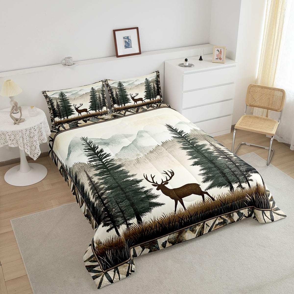 Deer Bedding Set Full Size,Pine Tree Animal Comforter Set for Kids Girls Boys Adults Room Decor,Foggy Mountain Plant Wildlife Duvet Insert 3Pcs,Retro Rustic Style Microfiber Quilt Set,2 Pillowcases