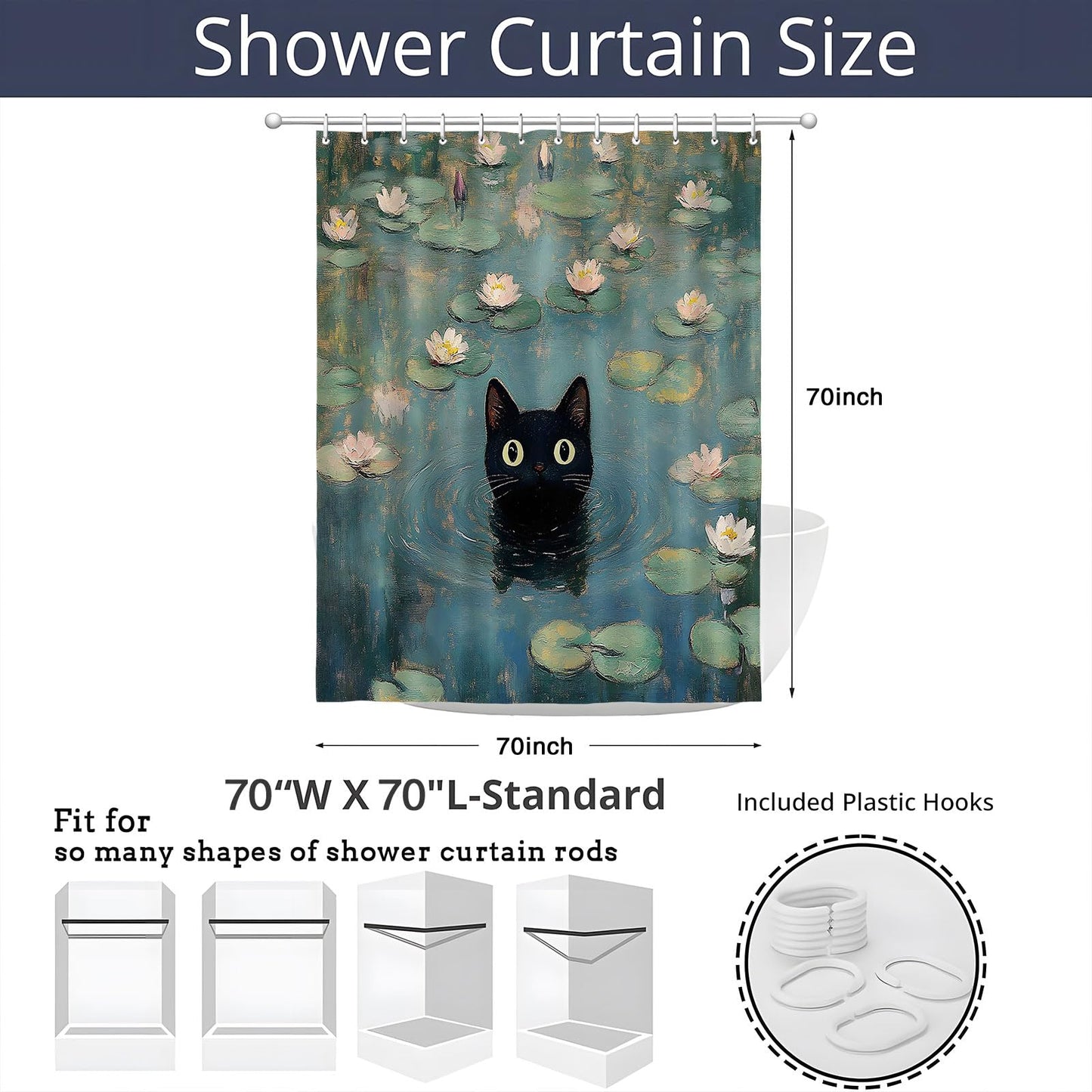 ZFMRZF Black Cat Shower Curtain, Waterlily Pond Oil Painting Style, Cute Kitten Bathroom Decor Polyester Curtains Set with Hooks 70x70 Inch