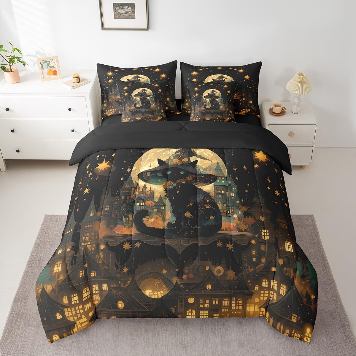 Feelyou Happy Halloween 7 Piece Bedding Set Twin Size Black Cat for Kids Boys Girls Teens Magic Hat Bed in a Bag Comforter Set with Sheets Horror Castle Bed Set