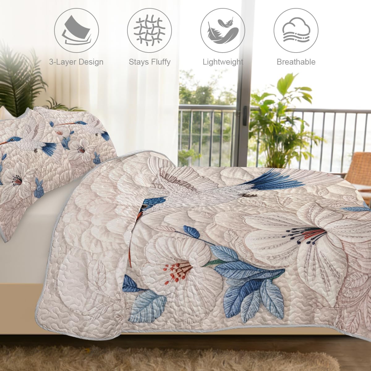 ARIGHTEX Flower Bird Quilt Set Queen Size Minimal Blue Hummingbird Floral Bedding Set Lightweight Botanical Quilt Soft Microfiber Bedspread Modern Coverlet Set with Pillow Shams