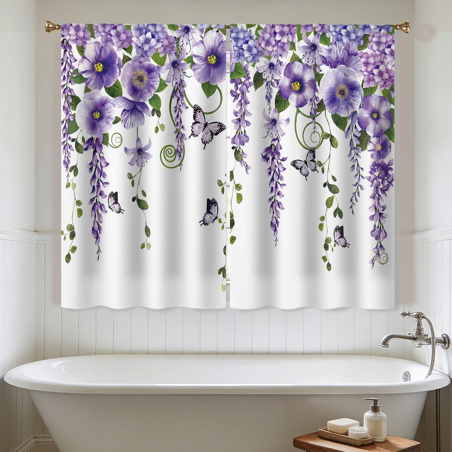 Cizuug Purple Floral Butterfly Lavender Kitchen Curtains Purple Floral Farmhouse Country Drapes Rod Pocket Spring Lilac Flower Summer Small Short Cafe Tier Curtain for Bathroom 2 Panels (27.5x39Inch)
