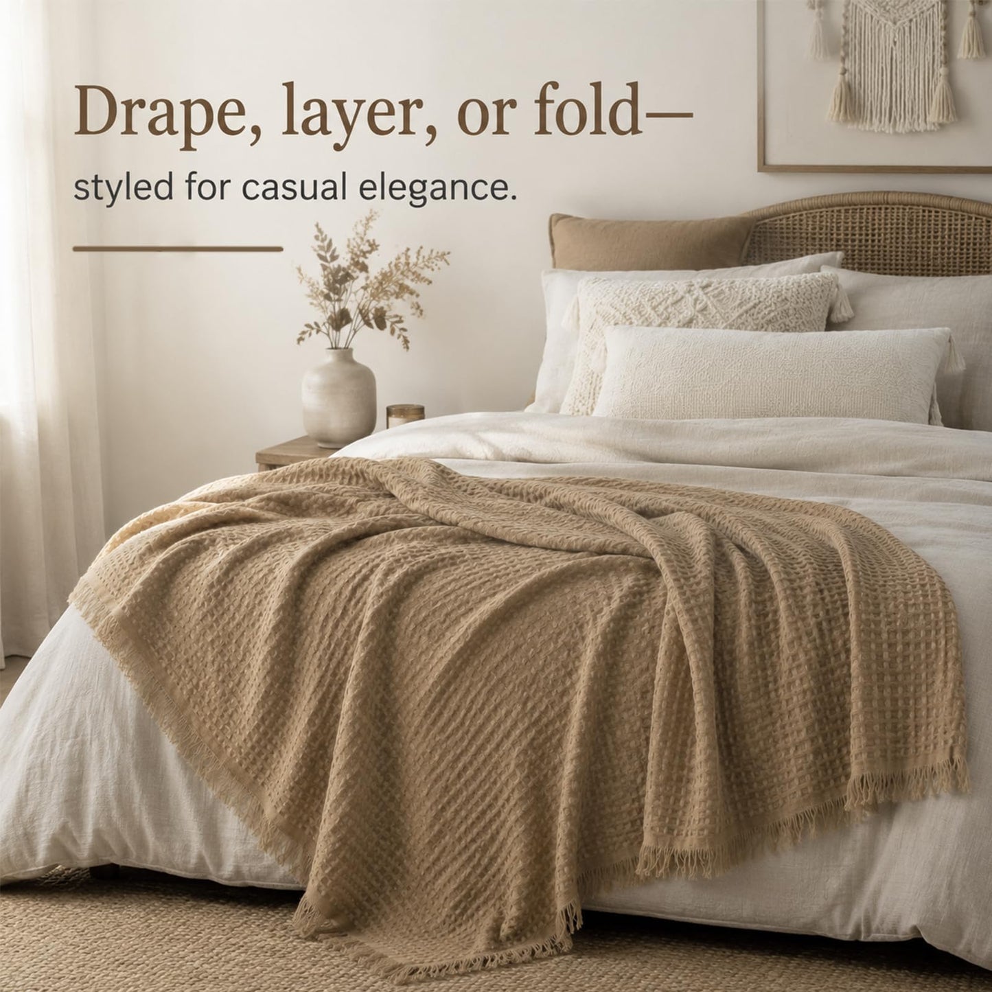 Luxury Waffle Weave Throw Blanket with Eyelash Fringes, 50 x 70 Inches High-End Accent Decor Blanket for Couch, Bed & Sofa, Modern Boho Farmhouse Living Room Aesthetic Statement Piece, Camel