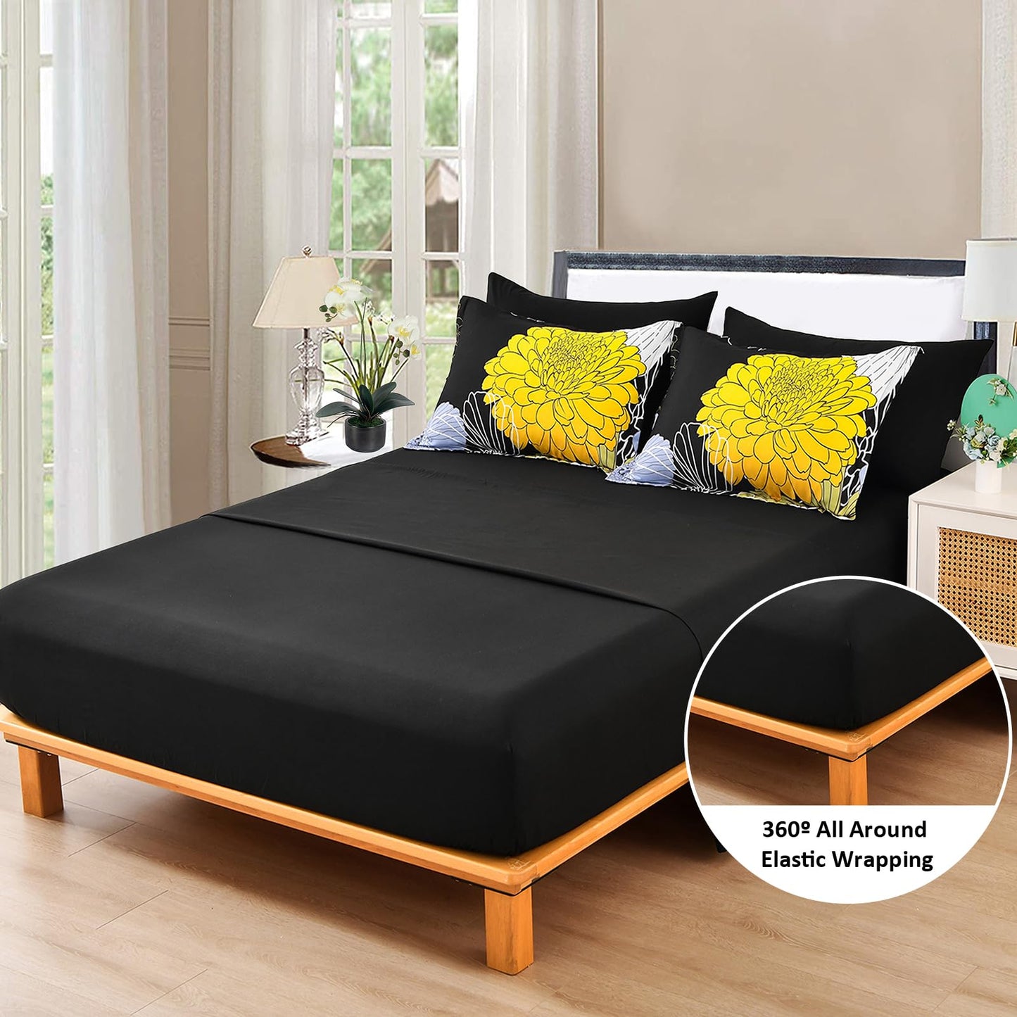 Yiran Bed in a Bag Queen Yellow Black Comforter Set 7 Pieces Soft Microfiber Floral Boho Bedding Set with 1 Comforter 1 Flat Sheet 1 Fitted Sheet 2 Pillowshams 2 Pillowcases