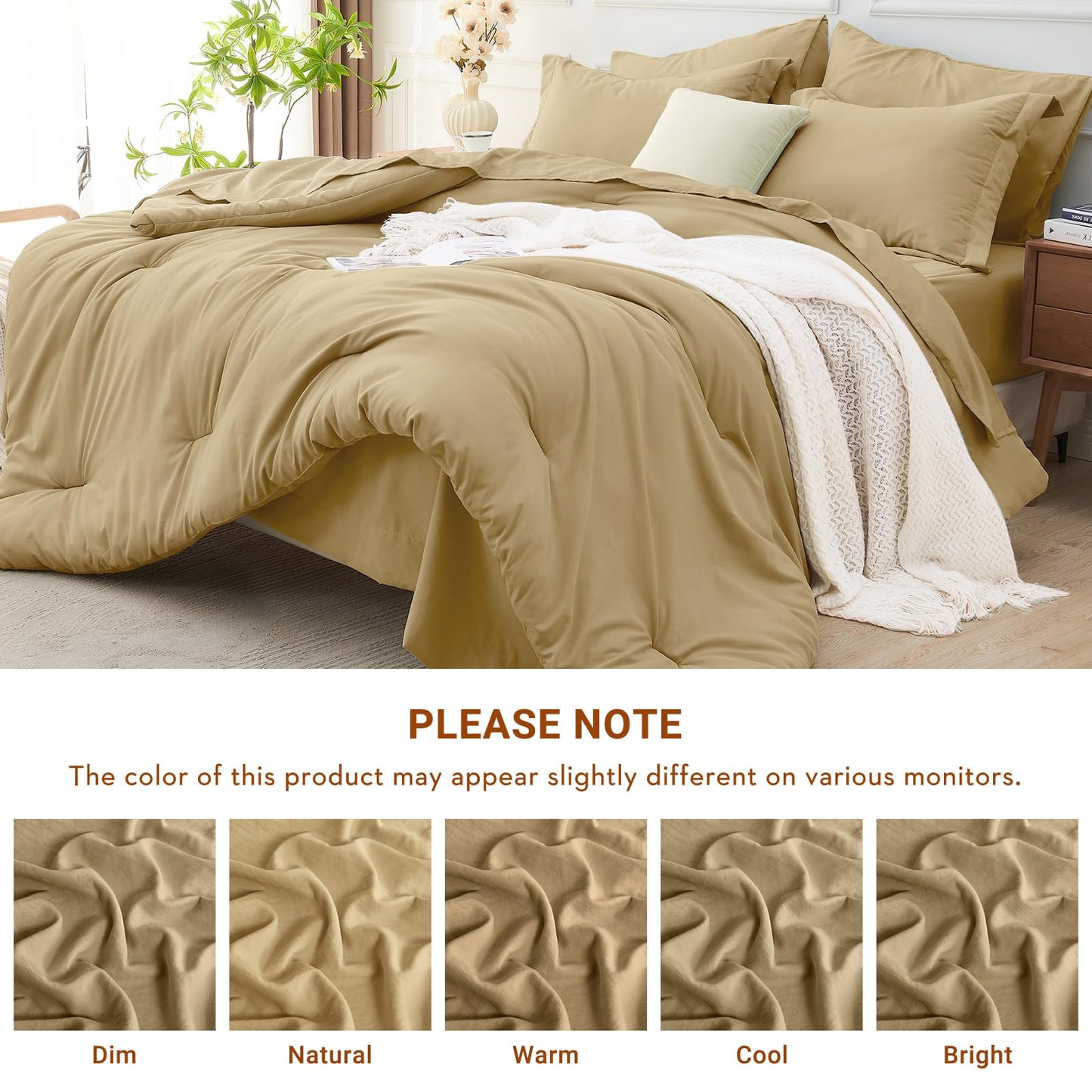 MUXHOMO 7 Pieces King Comforter Set, Soft Bed in a Bag King Size, All Season Bedding Set with Comforter, Flat Sheet, Fitted Sheet, Pillowcases & Shams, Khaki