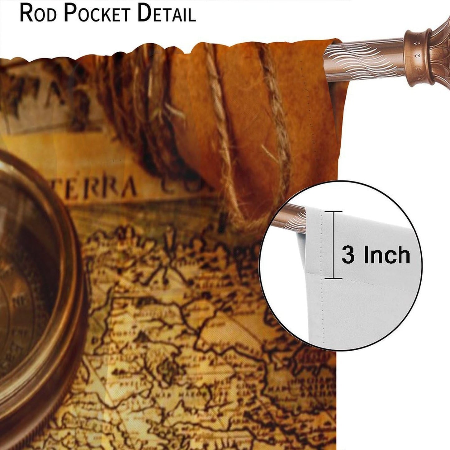 wlsgdsg Retro Map Curtains for Kids Retro Rural Medieval Old Nautical Treasure Map Compass Pattern Window Treatments for Boys Teen Bedroom Living Room 42x44.5In（No Blackout）