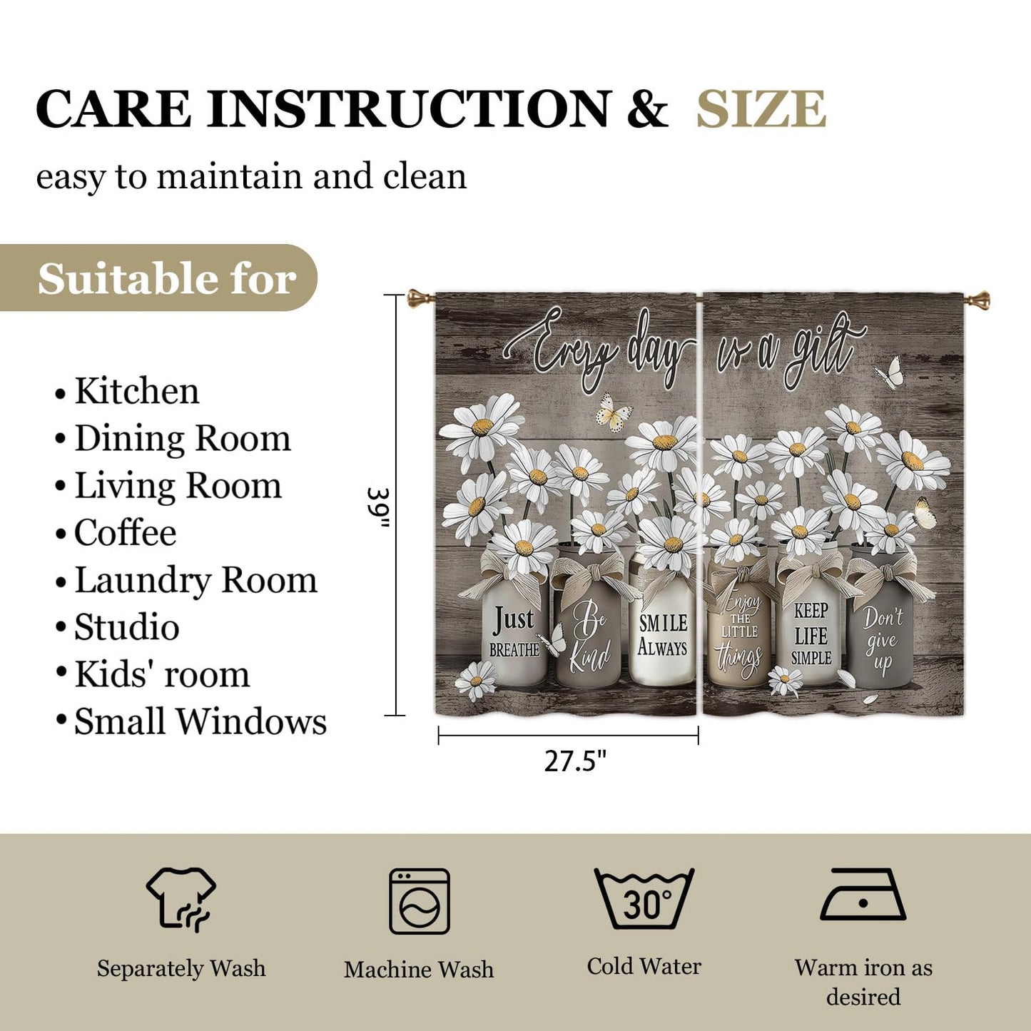 Cizuug Farmhouse Vintage Daisy Floral Kitchen Curtains Rustic Flower Inspirational Small Short Cafe Window Curtains Wooden Country Quotes Bathroom Living Room Bedroom Drapes Treatment(27.5x39 Inch)