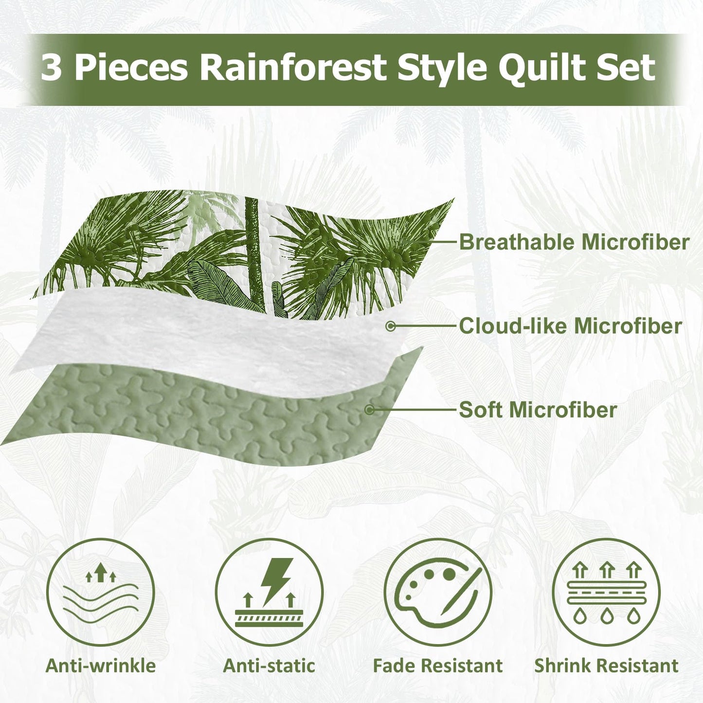 Luxudecor Tropical Plants Quilt Set Queen Size 3 Pieces Green Palm Botanical Bedspread Rainforest Style Bedding Set Soft Lightweight Bed Cover for All Season 96"x90"