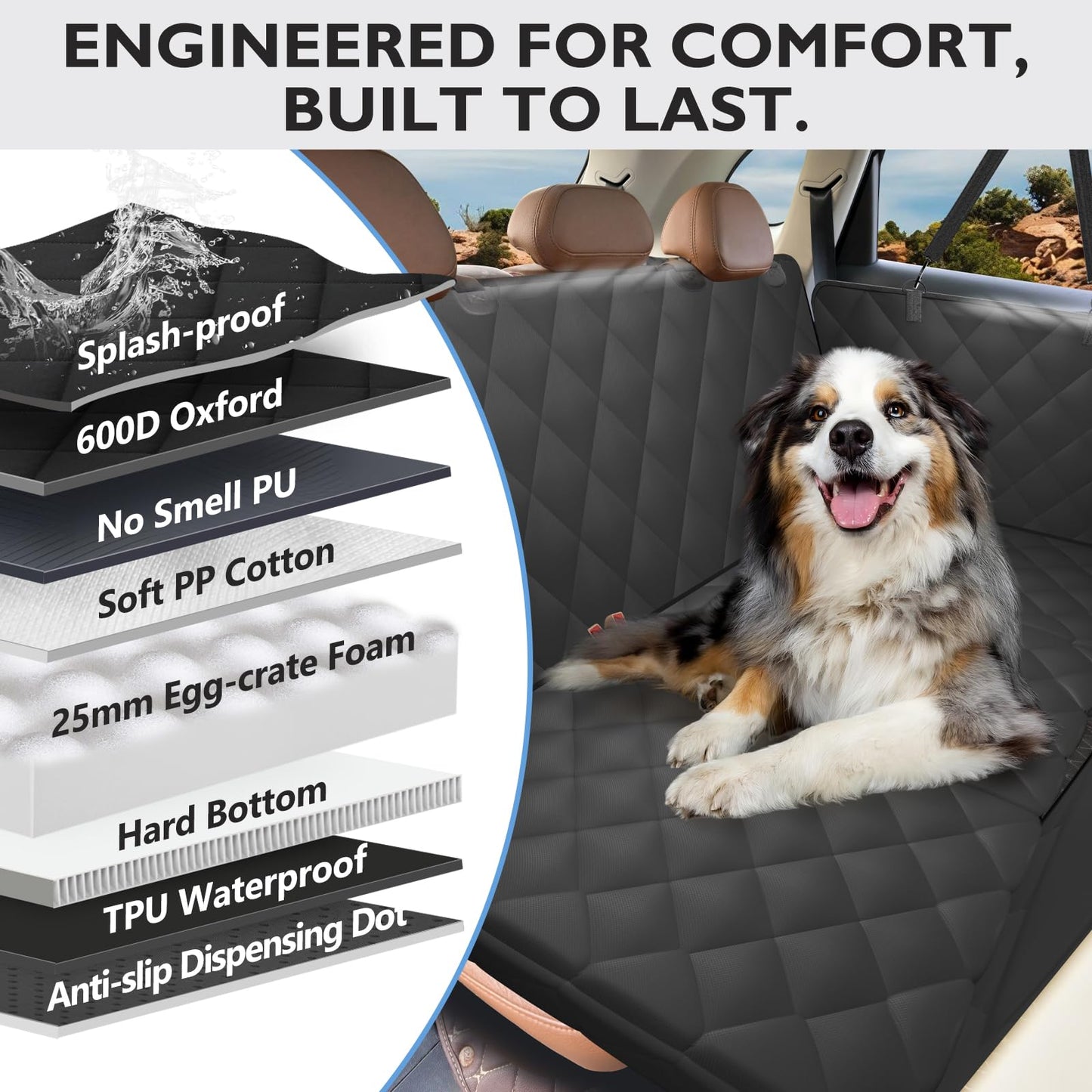 ROUWINNE Back Seat Extender for Dogs-Large Space, Hard Bottom Egg Crate Foam Soft Dog Car Seat Cover, Sturdy Backseat Extender for Dogs, Waterproof Pet Car Bed Dog Hammock for Car, SUV, Truck