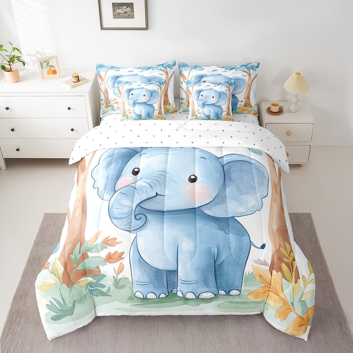 Erosebridal Kawaii Elephant Twin Size Comforter Set with Sheets Kids | Cartoon Safari Wild Print 7-Piece Bedding Set Watercolor Green Eucalyptus Bed in a Bag African Jungle Animal Bed Quilt Sets