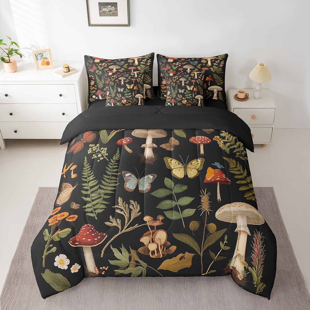Erosebridal Mushroom Comforter Set Queen,Woodland Botanical Leaves Bedding Set 7Pcs for Kids Teens Adults,Butterfly Wild Safari Animal Bed in a Bag,Jungle Mushroom Print Quilt