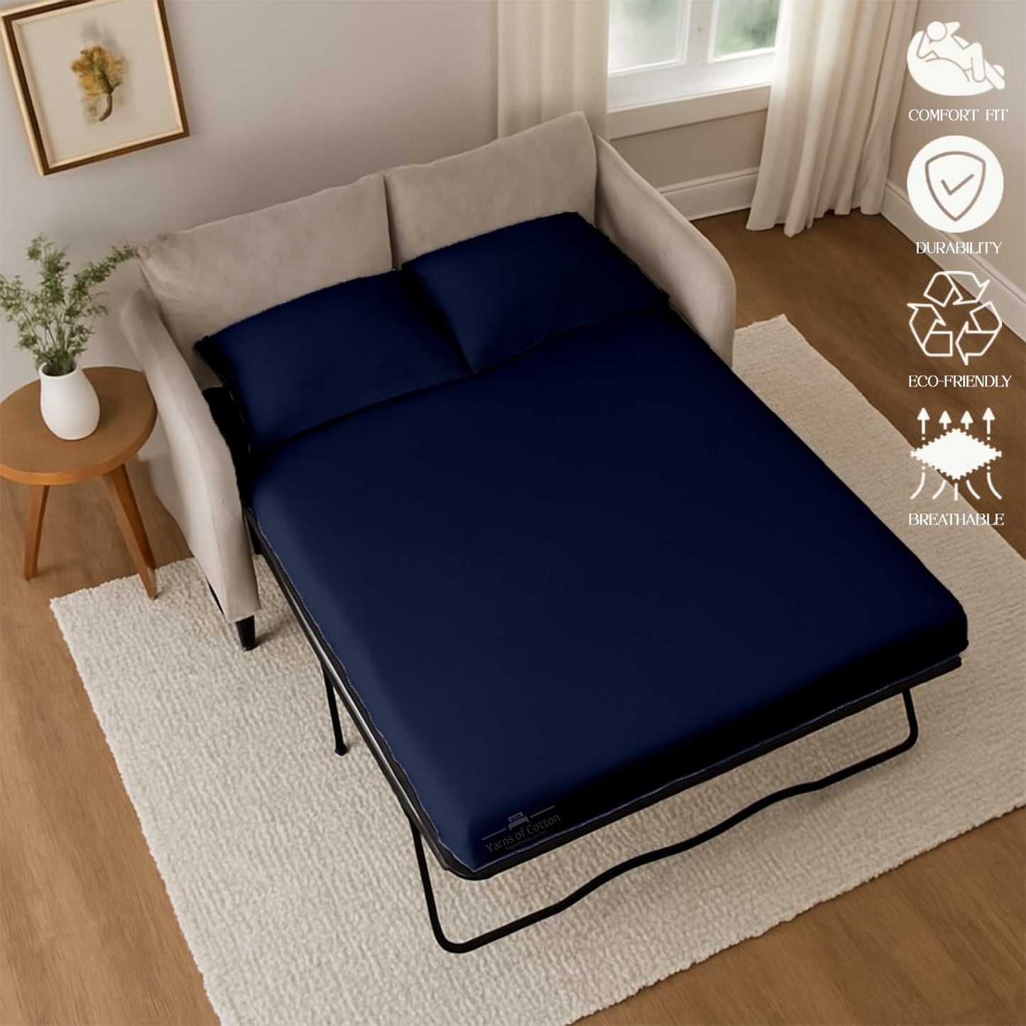 Sleeper Sofa Bed Sheet, 100% Cotton 400 Thread Count, 4 Piece Set, Deep Pocket Fitted Sheet, Soft Wrinkle Free & Breathable, Luxury Hotel Quality, Fits Up to 6 Inch Mattress (Full, Navy Blue)