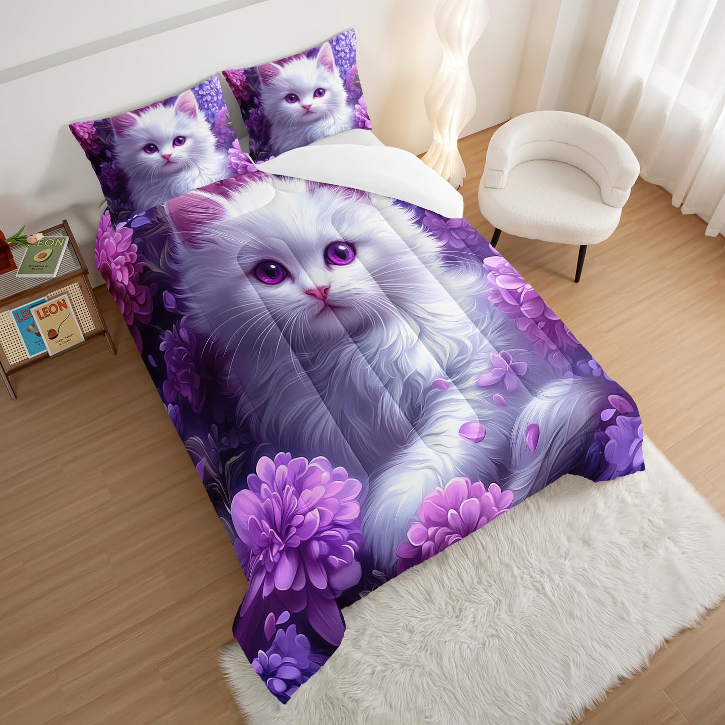 HOSIMA Cat Twin Bedding Sets for Girls Room Decor,Cat Surrounded by Flowers Print Lightweight Cute Comforter,Fluffy Animal Themed Princess Bedding for Kids Teens with 2 Pillowcases.