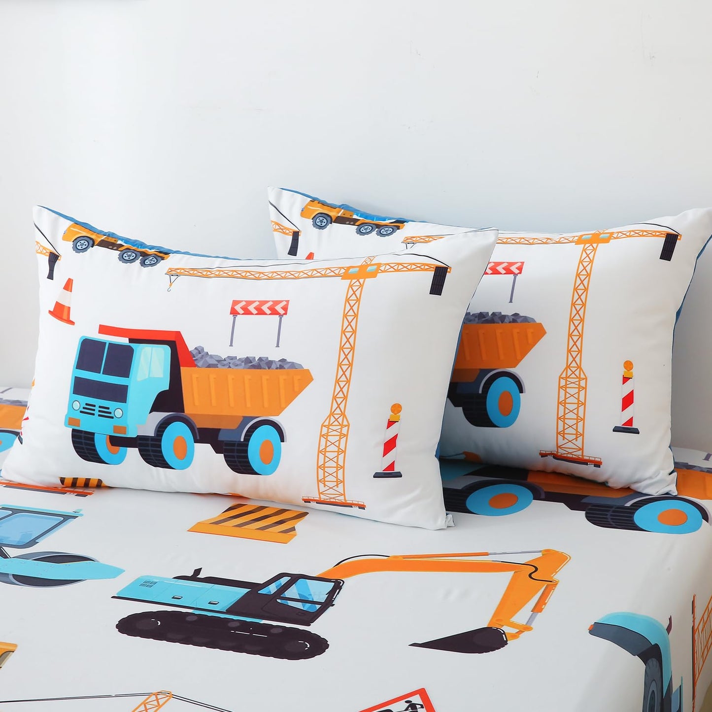 Jameswish 7 Pieces Boys Comforter Set Full Size Excavator Bedding Set Cartoon Car Kids Bed in a Bag Construction Truck Bedding for Children Kids Boys Teens for Birthday Choice