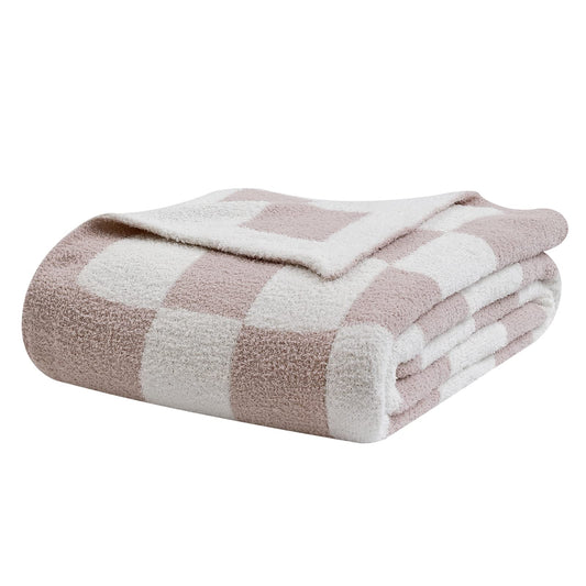 bearberry Fuzzy Checkerboard Grid Throw Blanket Soft Cozy Warm Microfiber All Season Blanket Decor for Couch Sofa Bed Travel Home (Cream, 50''x60'')