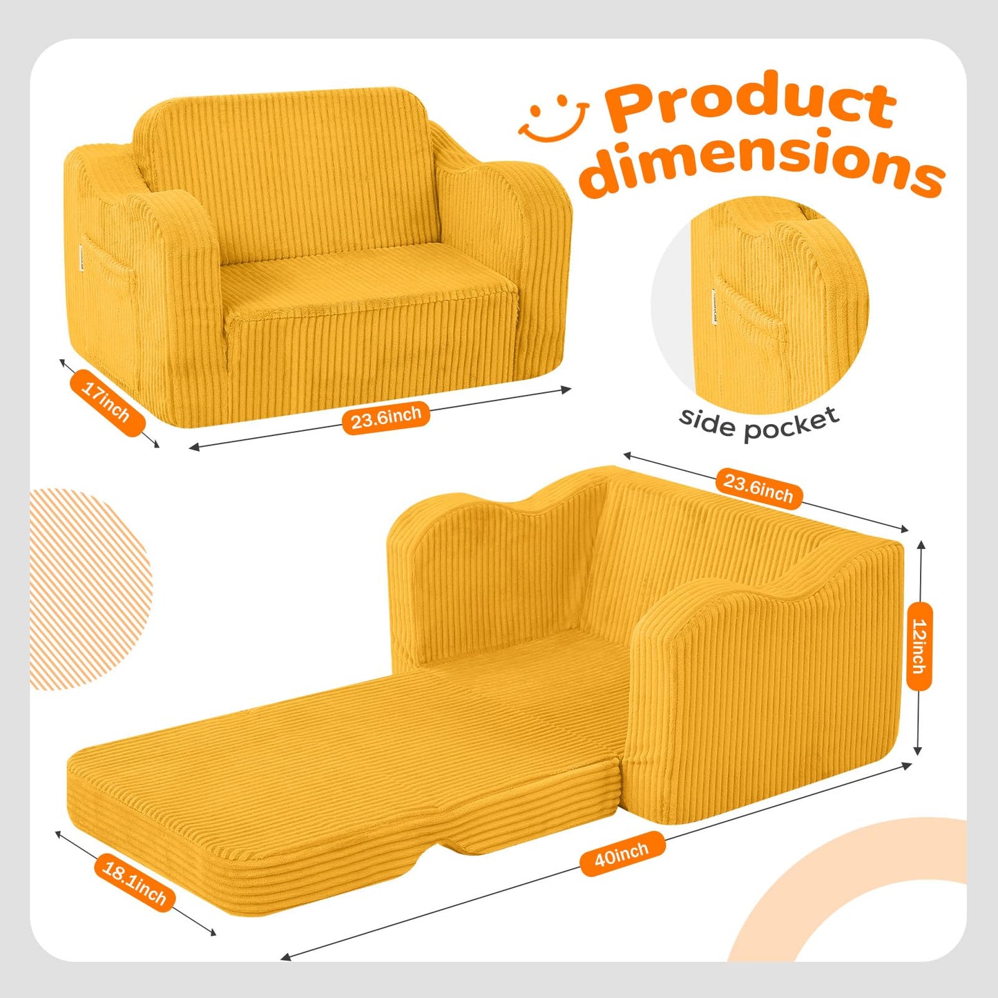 MeMoreCool Kids Couch, 2-in-1 Corduroy Kids Couch Fold Out to Recliner, Comfy Kids Chair for Ages 3+, Cushioned Foam Kids Sofa with Washable Cover for Playroom and Bedroom, Mustard Yellow
