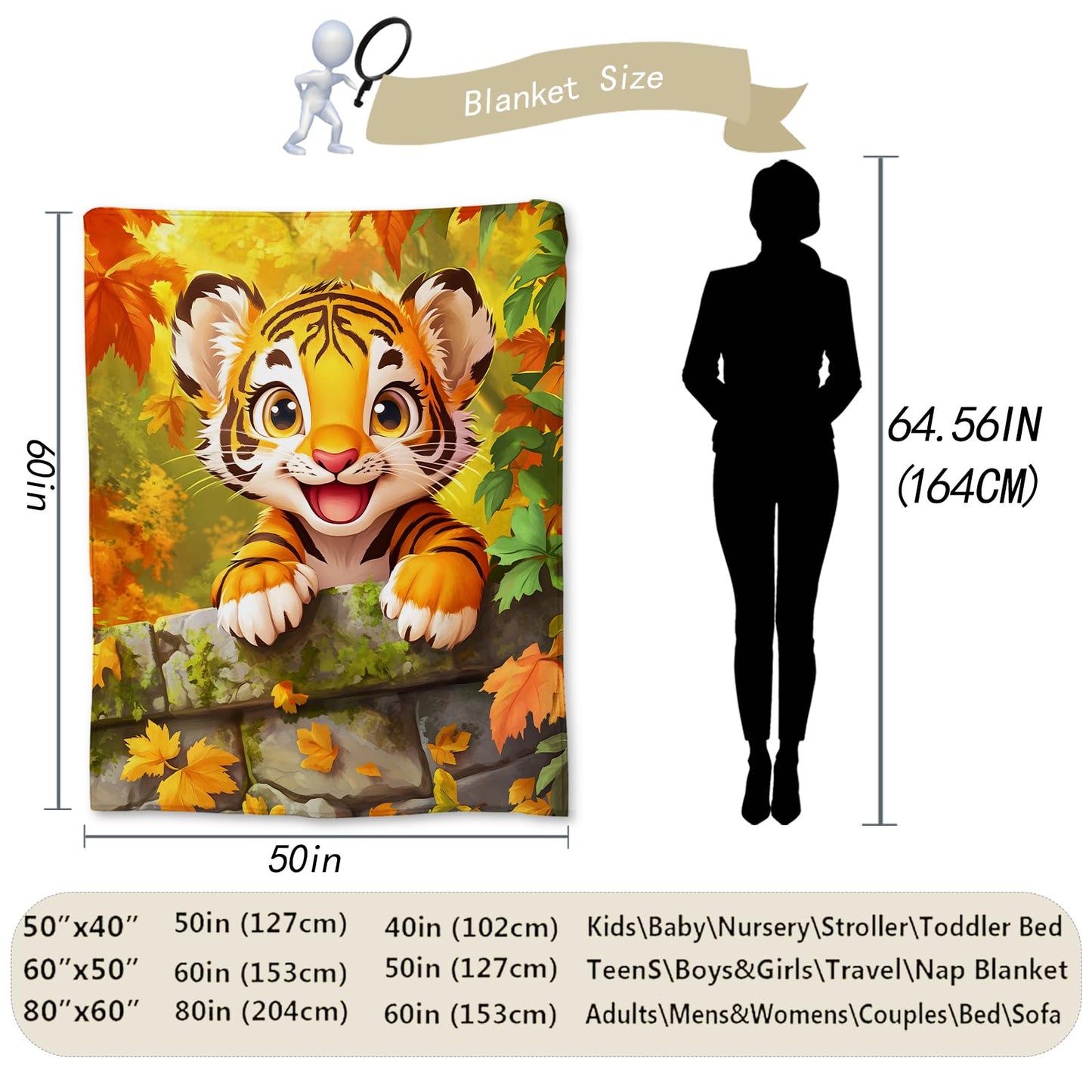 Ti Caldi Cute Cartoon Tiger Blanket, Soft Lightweight Flannel Throw Blanket for Couch, Bed, Travel & Home Decor, Fuzzy Cozy Warm Blankets for Adults Kids Women Men 60×50 in