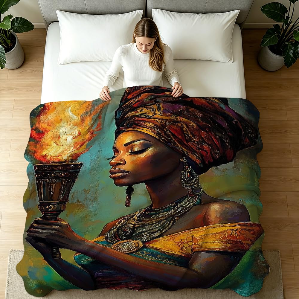 HUNXIAOJ African American Throw Blanket Black Girl Blanket African Gifts for Women Tribal Bedding Ethnic Decor Warm Soft Flannel for Sofa Couch (49in x 59in)