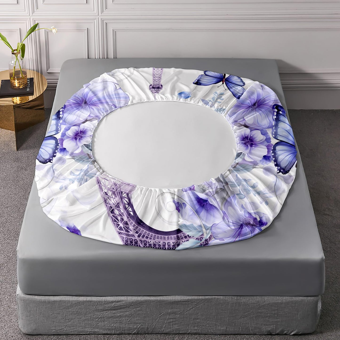 UEVBF Beautiful Butterfly Fitted Sheet Set Twin Size,Romantic Eiffel Tower Print Bedding Sets for Girls Women Room Paris Decor,Fantasy Floral Bedding Fitted Sheets,1 Fitted Sheet+2 Pillowcases.