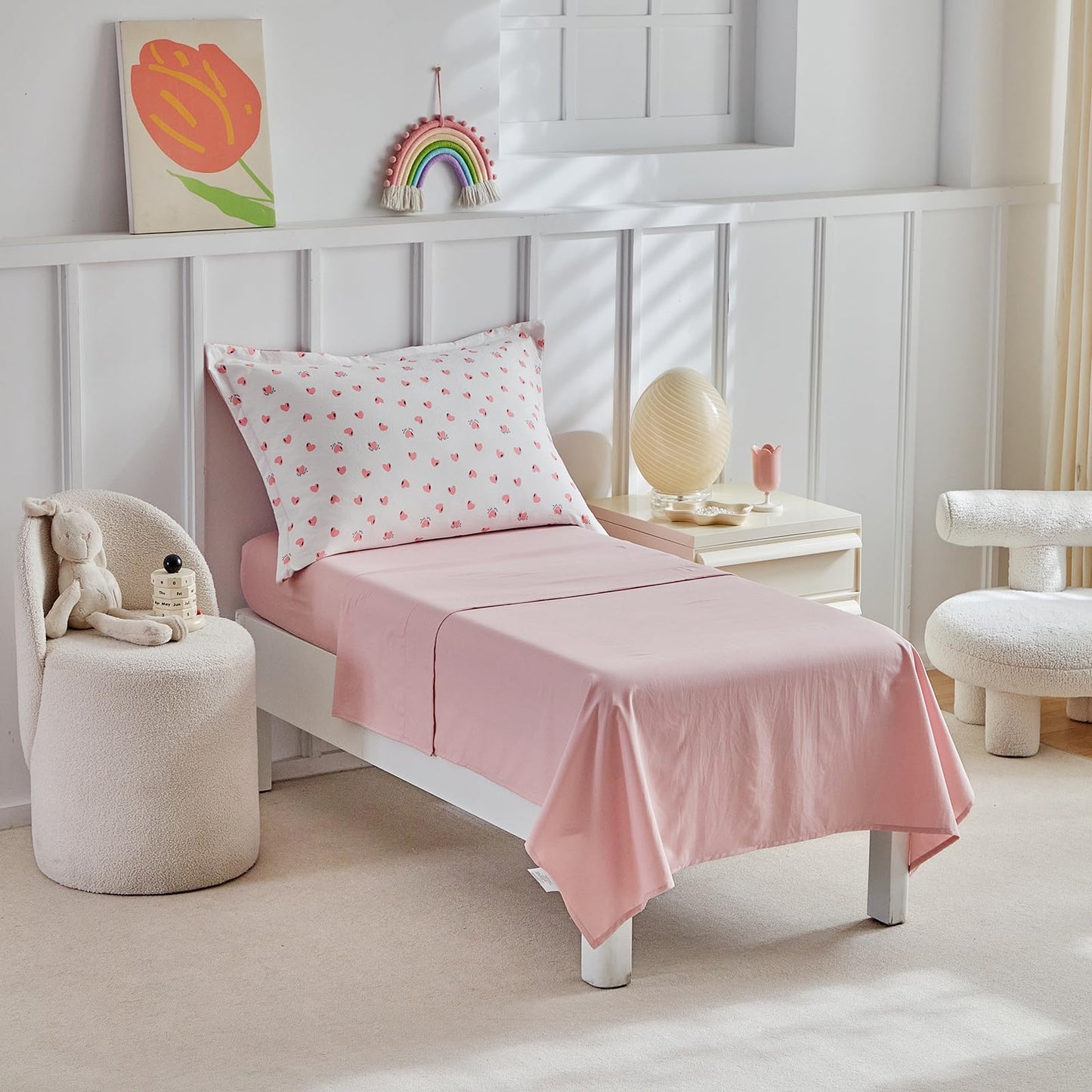DuShow Toddler Bedding Set for Girls,4 Piece Bed-in-a-Bag Toddler Comforter Sets,Pink Heart Crib Bedding Sheets Set,Include Quilt Comforter,Flat Sheet,Fitted Sheet,Pillowcase