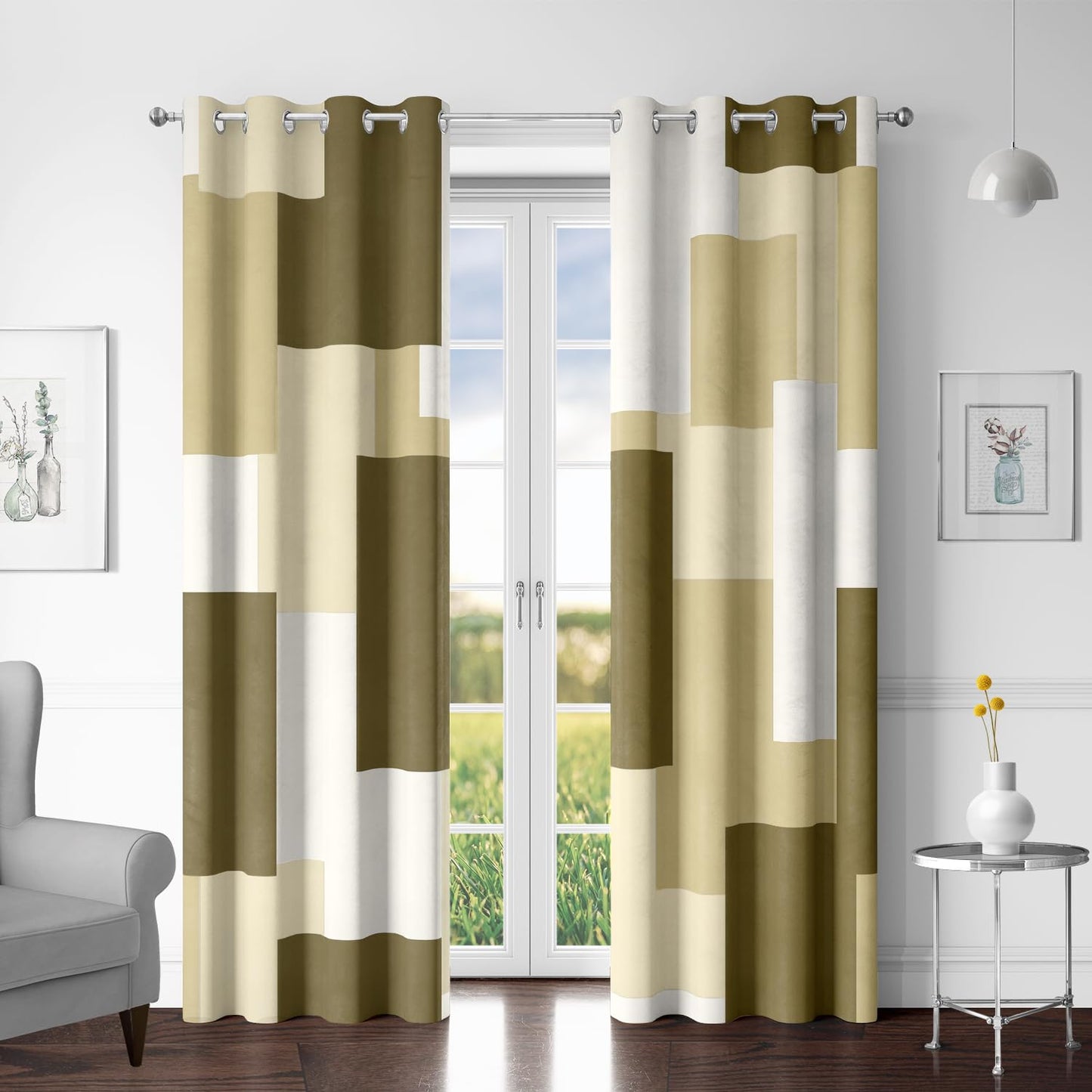 Tyrot Beige 100% Blackout Curtains for Bedroom 63 inch Long 2 Panels Set White Beige Modern Abstract Geometric Black Out Curtains Insulated Room Darkening Window Drapes for Living Room, 52Wx63L