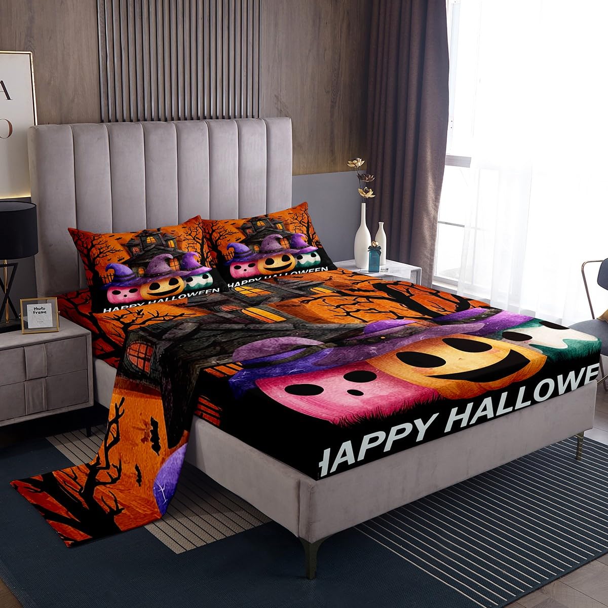 jejeloiu Halloween Decor Bed Sheets Set Twin Size Pumpkin Bed Set for Kids Boys Girls Witch Hat Deep Pocket Fitted Sheet Haunted Houses Breathable Soft Lightweight Microfiber