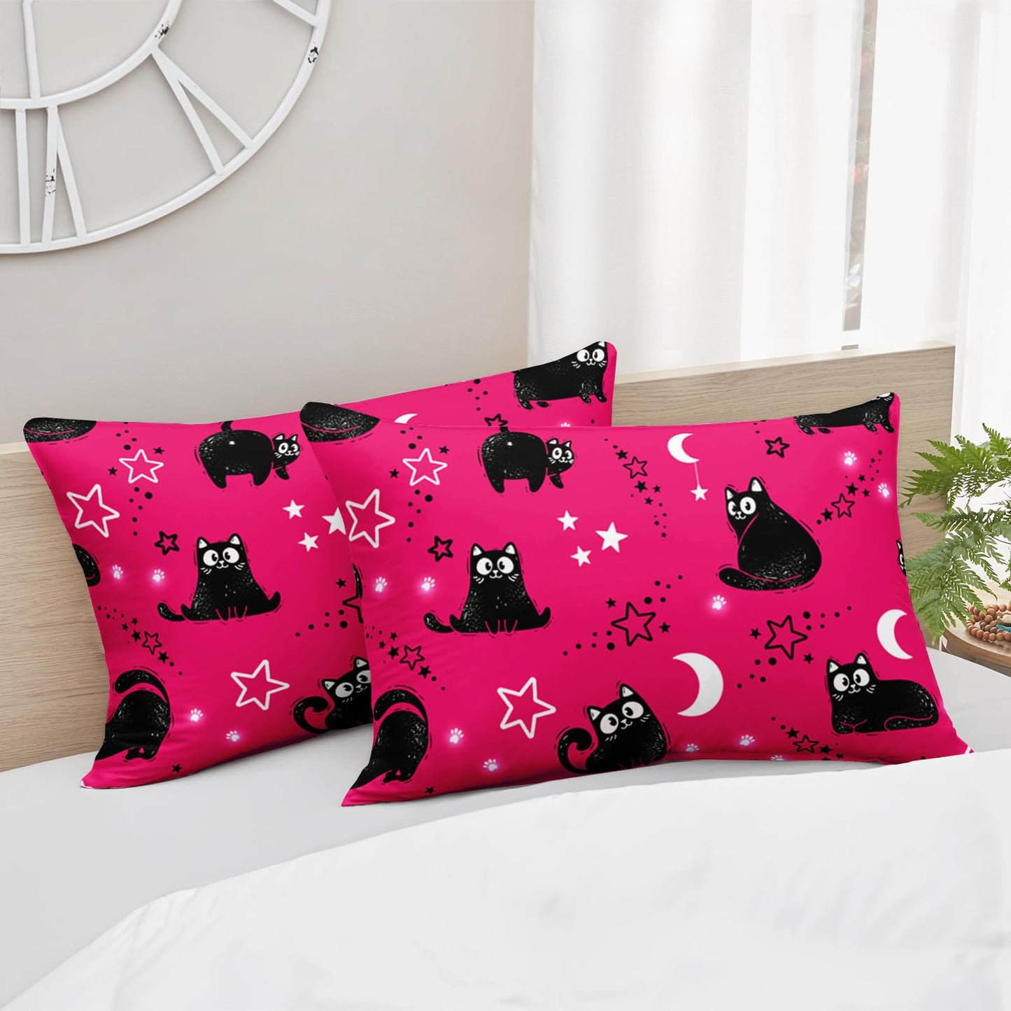 AILONEN Kids Kawaii Black Cat Comforter Set Twin,Cartoon Stars & Moon Bedding Set for Girls,Cute Kitten Printed Pink Duvet with 2 Pillowcases,3-Piece
