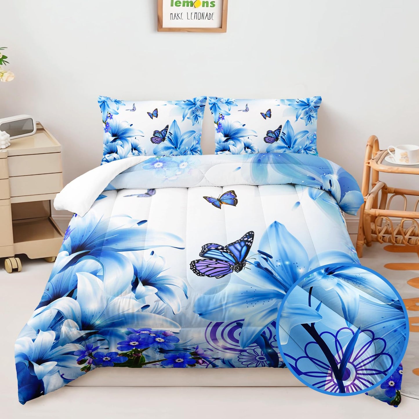 AILONEN Blue Floral Butterfly Bedding Set - Butterfly Comforter & 2 Pillowcases Queen Size - Beautiful Flower Teen Bedding Sets for Girls Women 3 Pieces Soft