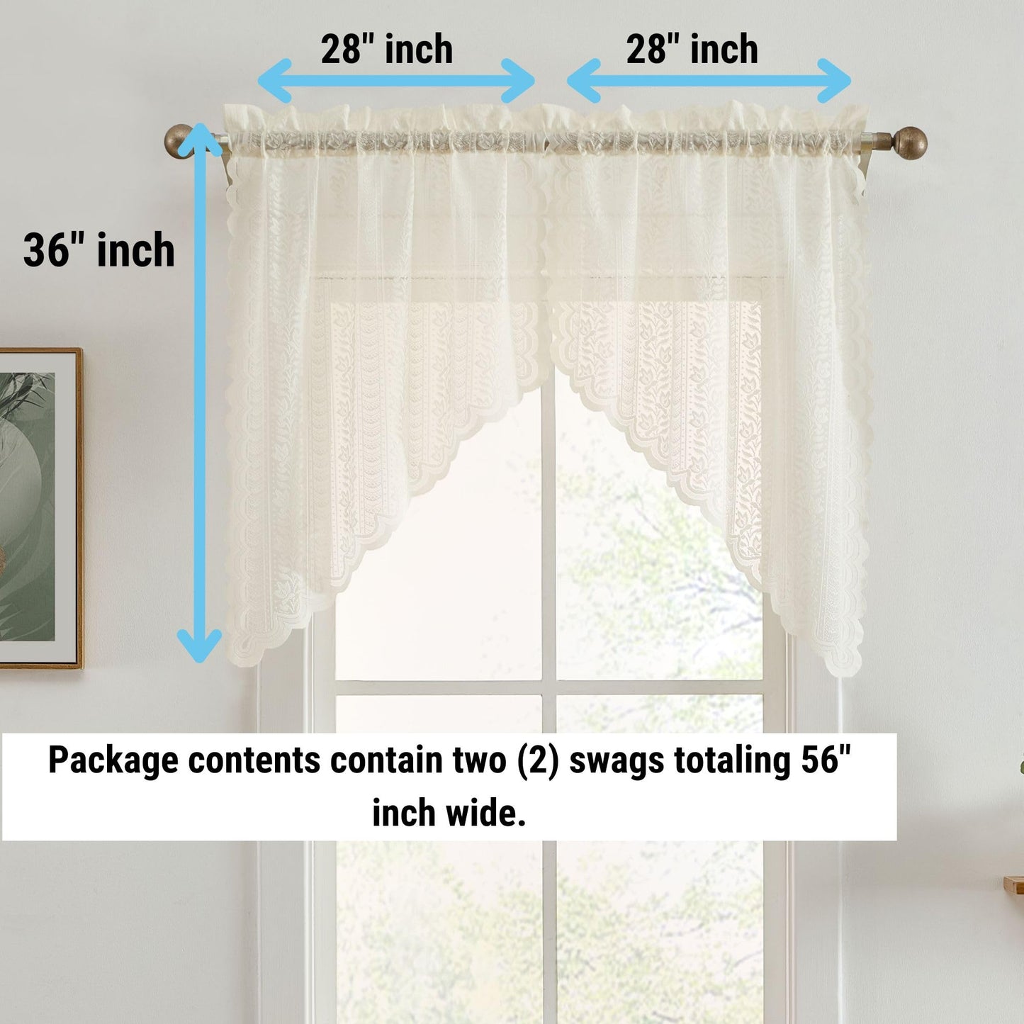 HLC.ME Sophia Floral Rod Pocket Lace Short Cafe Swags for Small Windows - 28 x 36 Inch Length (Ivory Swags, Set of 2)