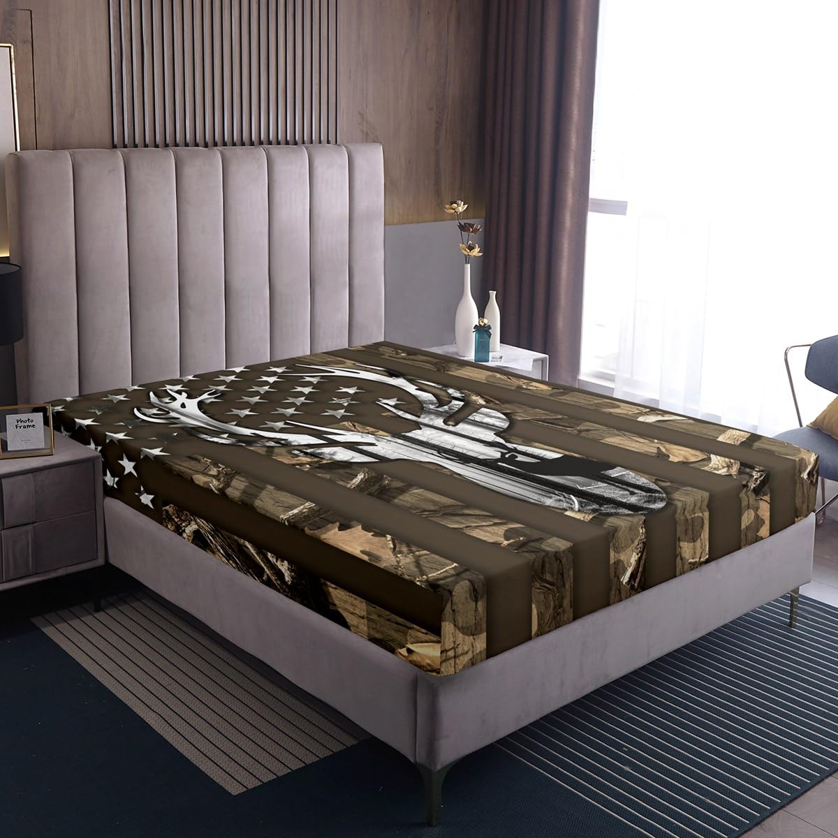 Kids Camo USA Flag Bed Sheet Set King Size,Brown Camouflage American Flag Quality Brushed Microfiber Luxury Bedding Set, Deer Antlers and Trees Bedding (1 Fitted,1 Flat,2 Pillowcases),Soft Fabric
