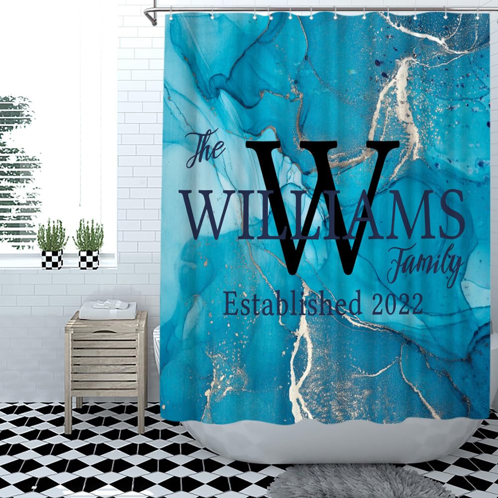 iLOOKLiKE Personalized Family Last Name with Marble Shower Curtain Custom Monogram Abstract Blue Gold Texture Art Bathroom Curtain Set Bathtubs Decor with 12 Hooks Modern Fabric Polyester 72x72inch