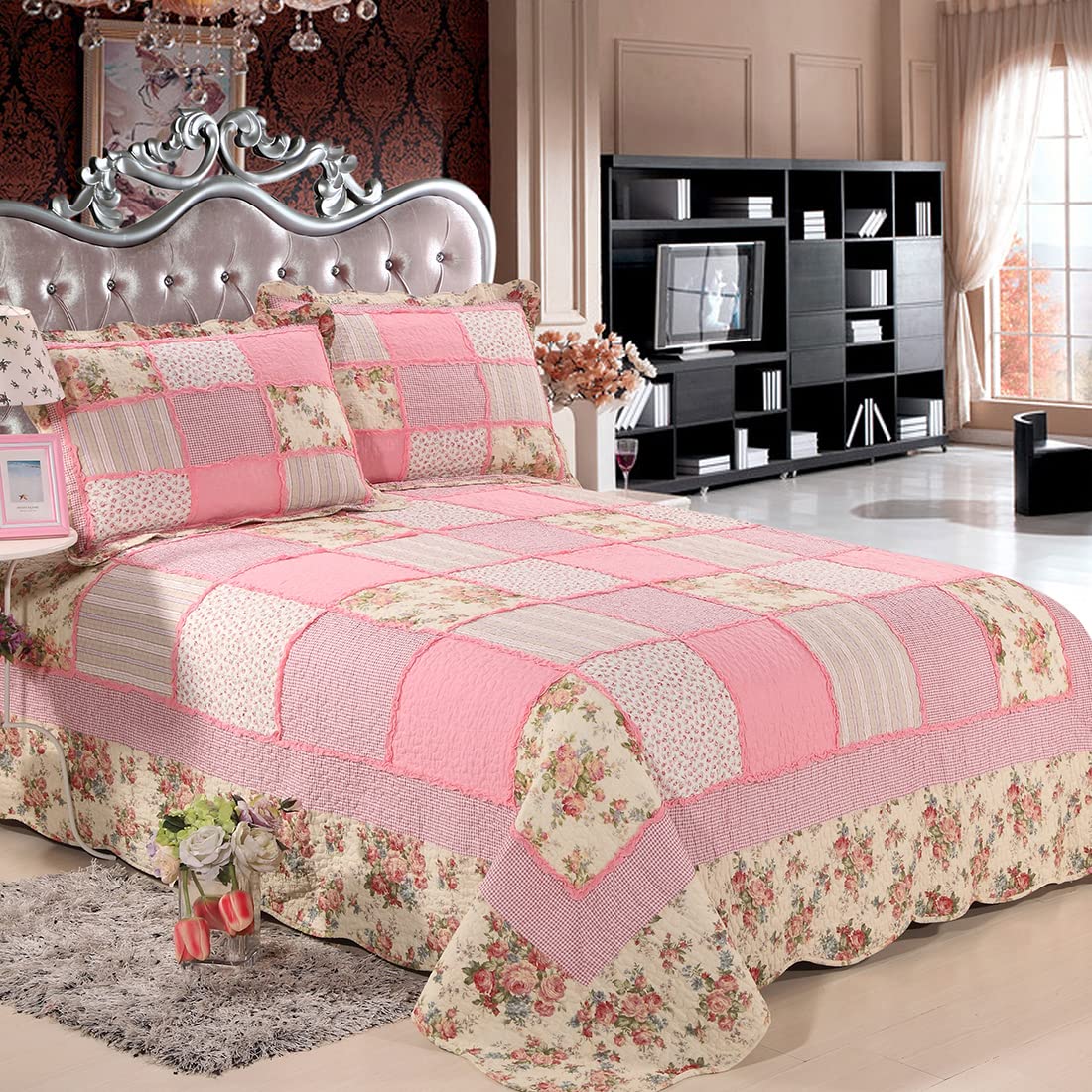 vctops 3 Piece Patchwork Floral Quilted Bedspread Quilt Set 100% Cotton Boho Ruffles Reversible Coverlet Set 1 Quilt and 2 Pillow Shams (Pink,Queen)