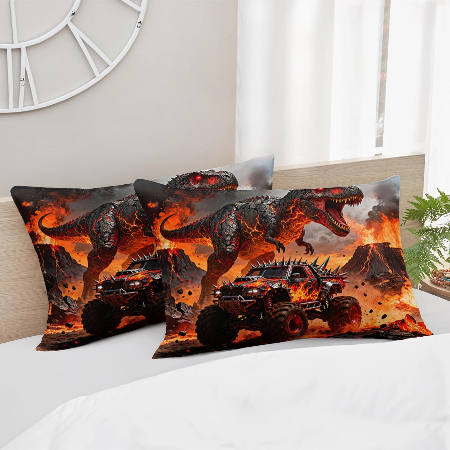 AILONEN Dino Monster Truck Comforter Set Twin 3 Piece - Black Volcano Flame Bedding for Kids Boys - Soft Microfiber with 2 Pillowcases