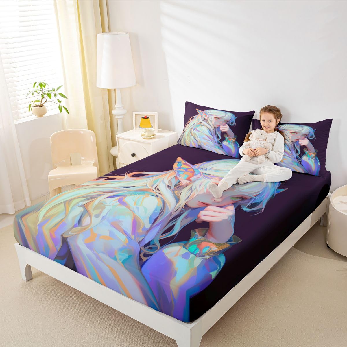 Anime Girl Bed Sheets 3D Japanese Bedding Set Kawaii Girly Fitted Sheet with Deep Pocket, Anime Lovers Gifts Fitted Bed Sheets Soft Lightweight Sheets for All Season, Twin 2Pcs
