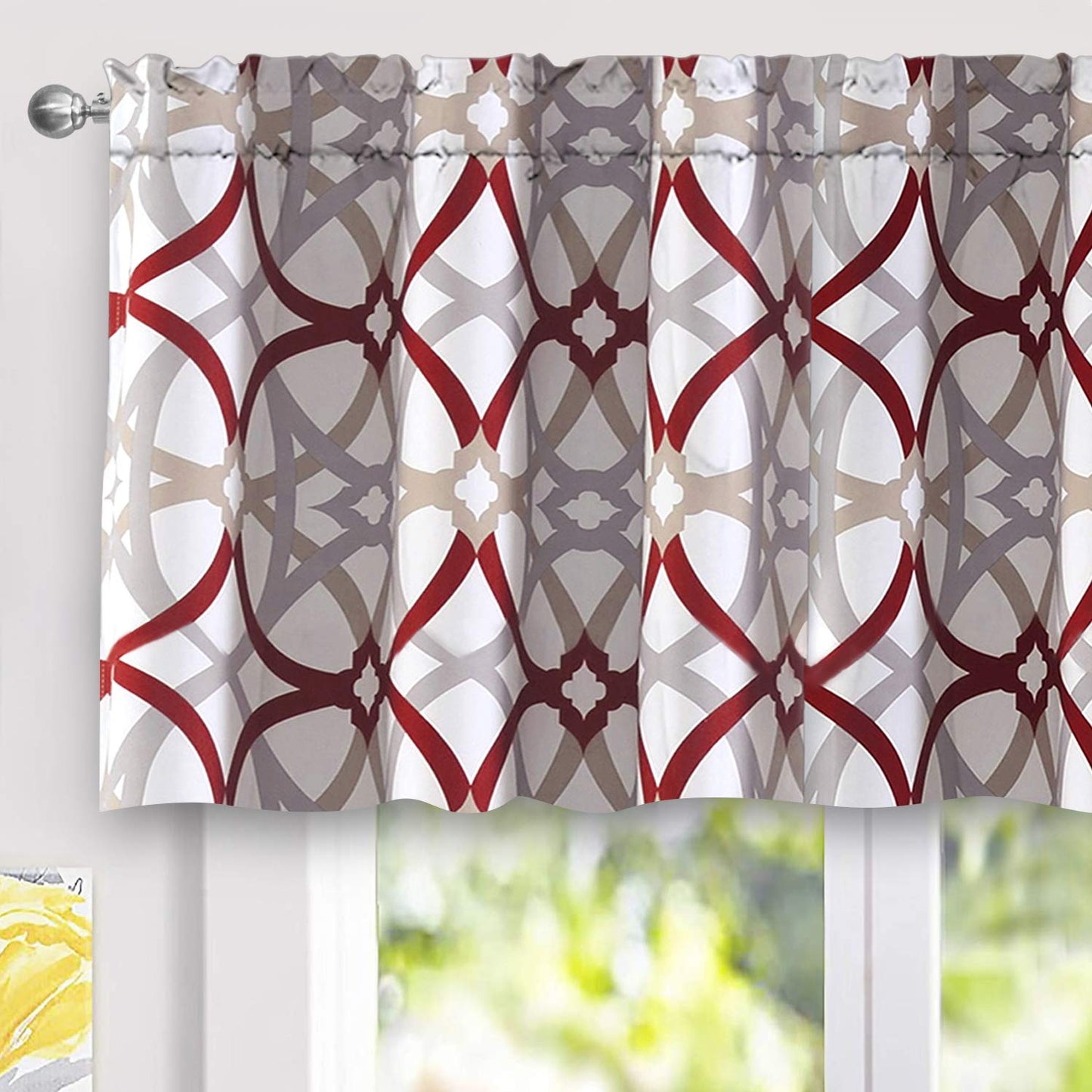 DriftAway Alexander Blackout Valances for Windows Thermal Insulated Kitchen Topper Geometric Moroccan Mid Century Pattern Match Thick Bathroom Curtain Valance Rod Pocket 52 Inch by 24 Inch Red/Gray