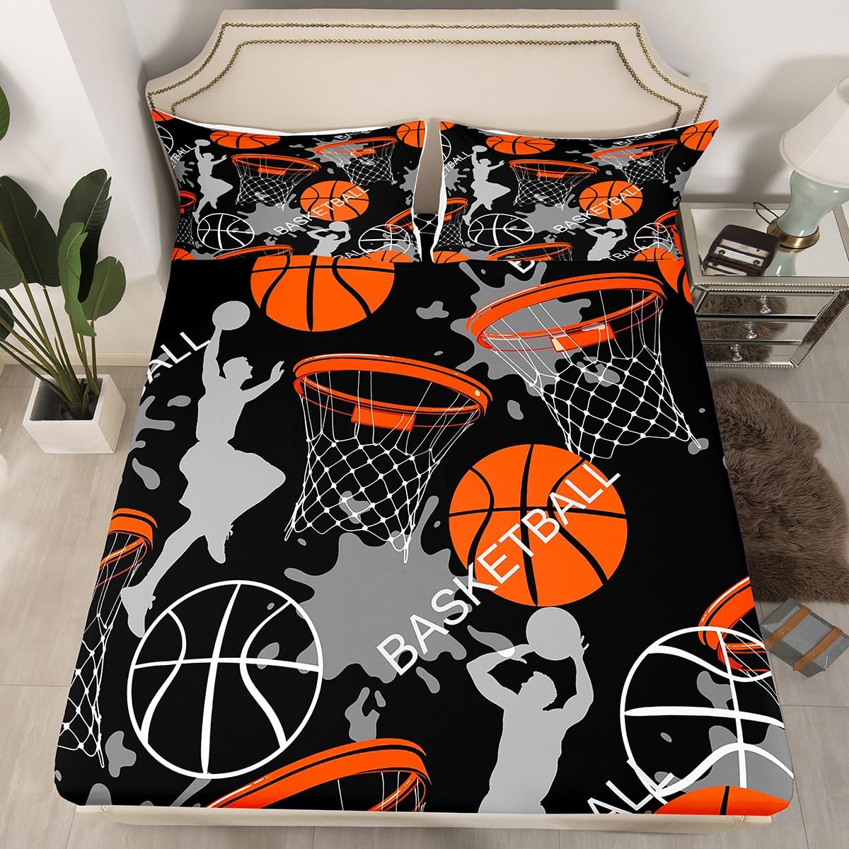 Feelyou Basketball Fitted Sheet for Kids Boys Girls Teens Sport Theme 3D Basketball Star Bed Sheet Set Skin-Friendly Microfiber Bed Cover Decor 3Pcs Bedding Set with 2 Pillowcases Full