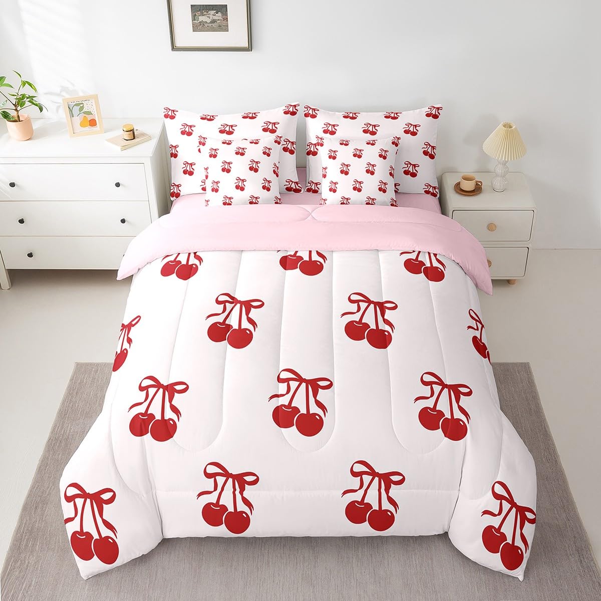Erosebridal 7 Piece Cherry Bows Kids Comforter Set King Bed in a Bag,Dreamy Princess Style Bedding Set for Girls Women,Girly Red Cherries Bowknot Sheet Set,Cartoon Bow Tie Duvet Insert