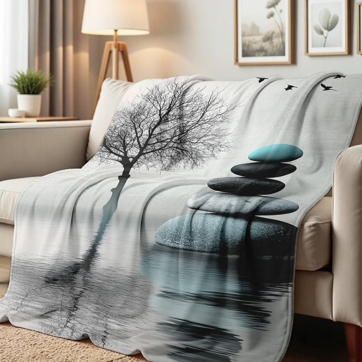 HUNXIAOJ Zen Stone Print Blanket Throw Soft Spa Zen Flannel Blanket for Home Bedding Couch Bed Yoga Room Meditation Decor Gifts (49"x59")