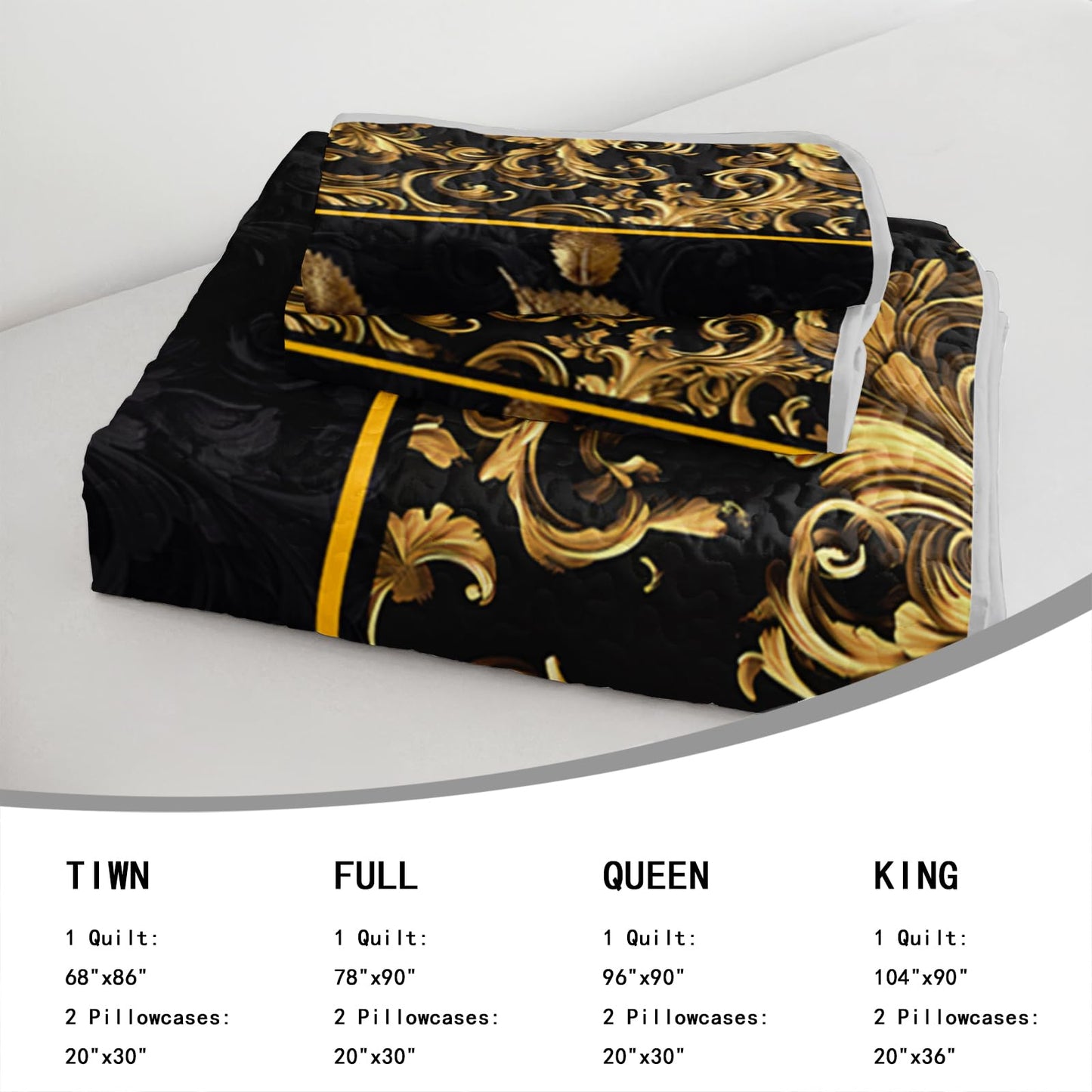 AILONEN Golden Rose Printed Quilt Set Full Size with 2 Pillowcases,Black and Gold Flower Luxury Quilted Bedspreads Soft Lightweight,Romantic Floral Bedding Set 3Pcs