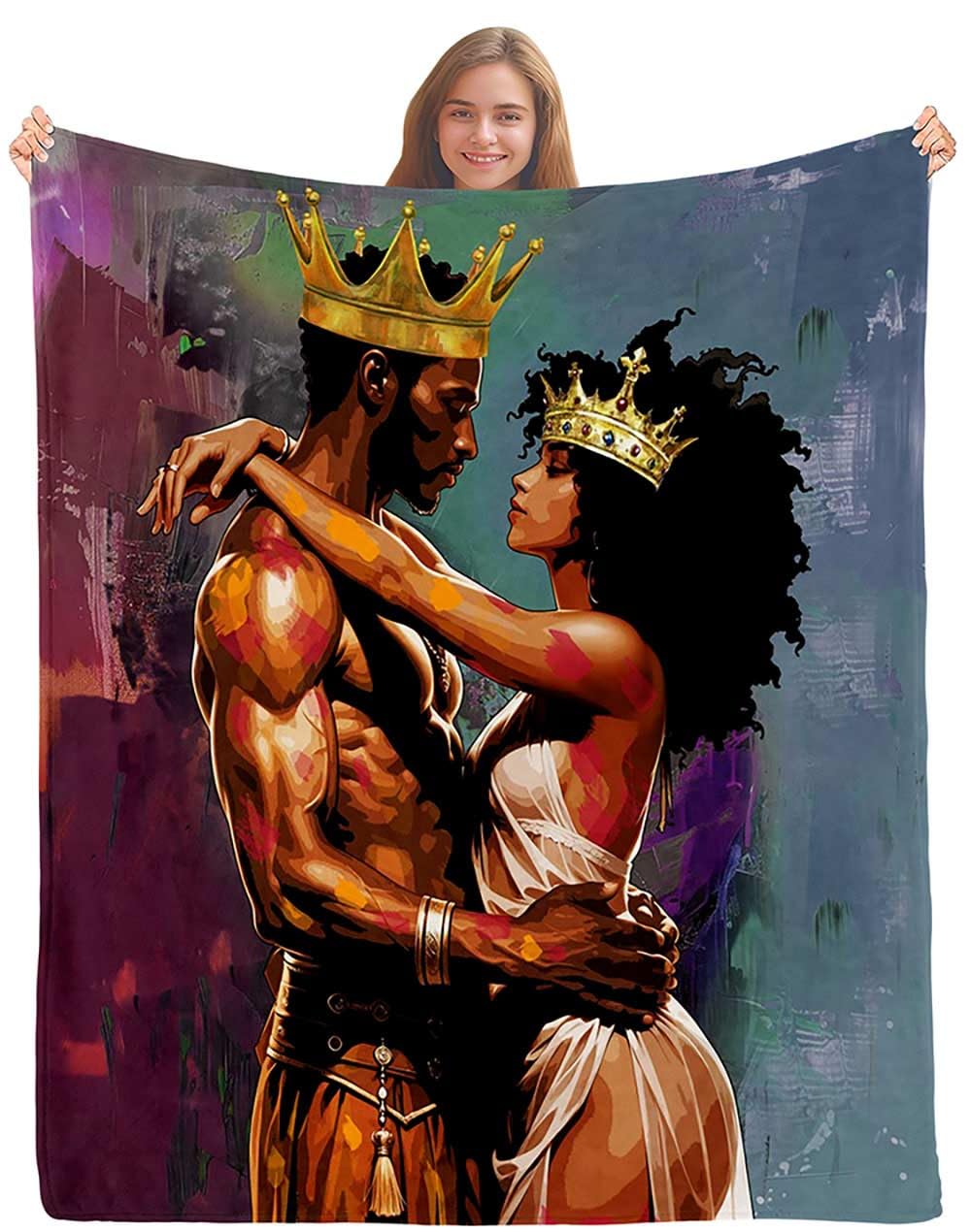 Camille&Andrew African American Throw Blanket, Oil Painting Gold Crown Afro King Queen Black Woman Man Black Couple Blanket, Cozy Soft Flannel Blanket for Couch Sofa Bed, 50"x60"