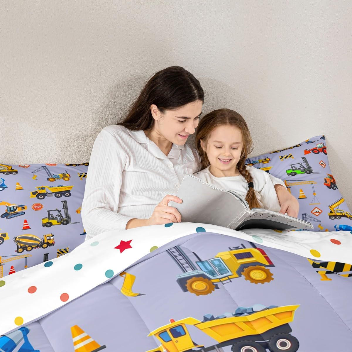 jejeloiu Excavator Comforter Set All Season Cartoon Car Bedding Set with 1 Pillow Cases Equipment Trucks Microfiber Kids Twin Bedclothes Construction Bedroom Decor Duvet Quilt Breathable Soft