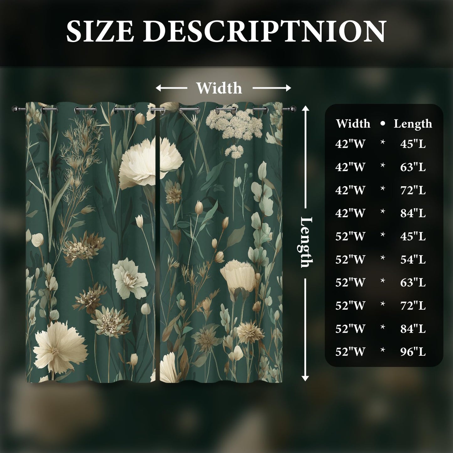 Vintage Wild Flower Blackout Curtains for Bedroom 63 inch Long, Botanical Patterned Curtain Thermal Insulated Room Darkening Window Drapes for Living Room 2 Panels L1n38ed
